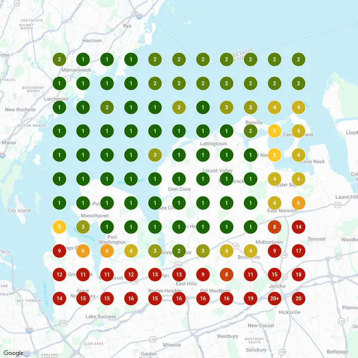 Google Maps rank grid for long island assisted living on Sep 15, 2026: top 3 across most of the north shore