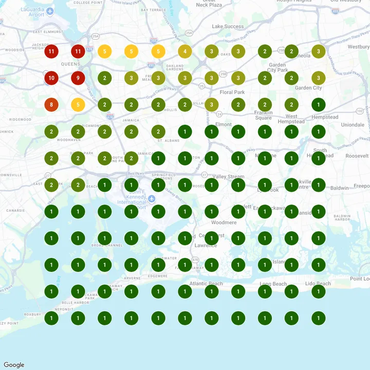 Google Maps rank grid for makeup artist queens on Sep 30, 2026: the studio ranks first at most of the 121 search points
