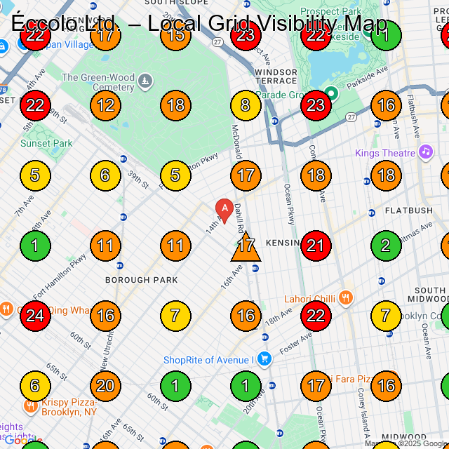 Éccolo Ltd. Brooklyn GeoGrid ranking map for Manufacturer Brooklyn NY