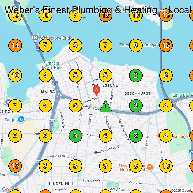 Weber's Finest Plumbing & Heating GeoGrid ranking map for Plumber in Whitestone