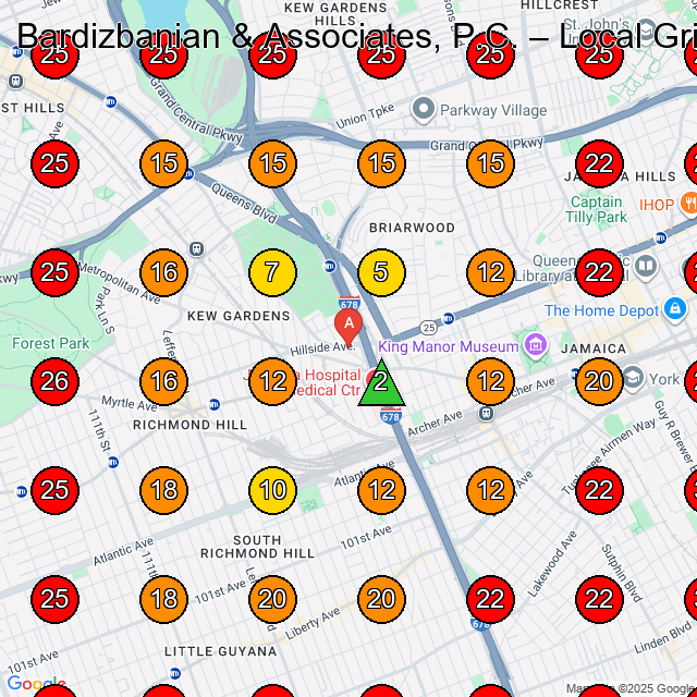 Bardizbanian & Associates, P.C. GeoGrid visibility map for Personal Injury Attorney in Queens