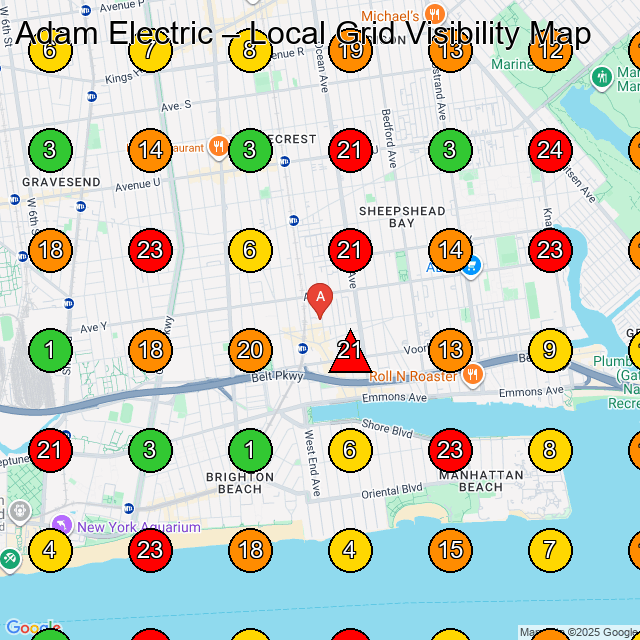 Adam Electric Electrician GeoGrid ranking map for Brooklyn NY