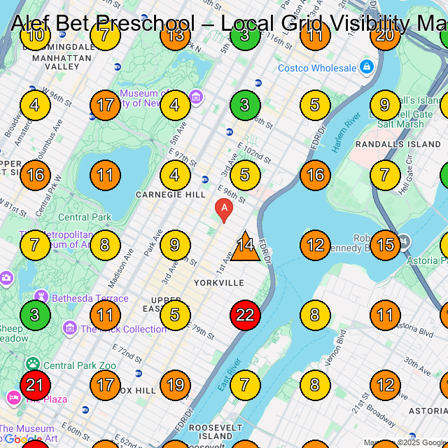 Alef Bet Preschool Preschool GeoGrid ranking map for New York NY