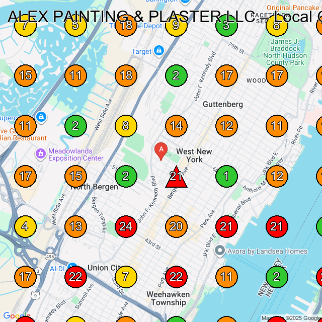 ALEX PAINTING & PLASTER LLC Painting GeoGrid ranking map for West New York NJ