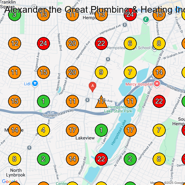 Alexander the Great Plumbing & Heating Inc. Plumber GeoGrid ranking map for West Hempstead NY