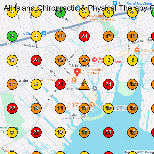 All Island Chiropractic & Physical Therapy Care Chiropractor GeoGrid ranking map for Bay Shore NY