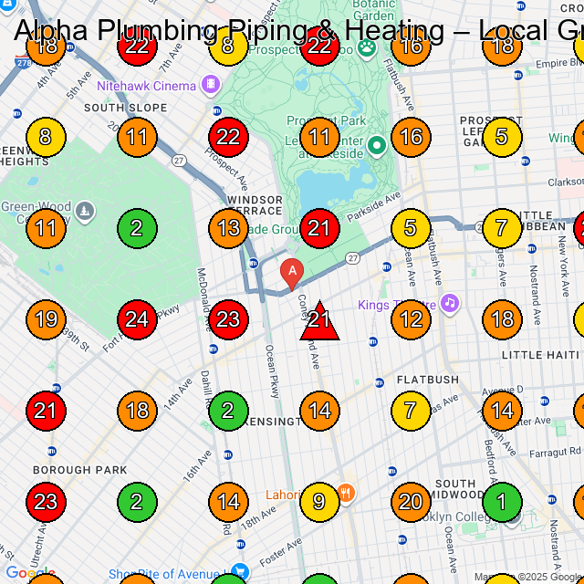 Alpha Plumbing Piping & Heating Plumber GeoGrid ranking map for Brooklyn NY