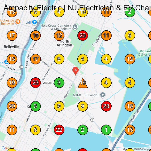 Ampacity Electric | NJ Electrician & EV Charger Installation Electrician GeoGrid ranking map for North Arlington NJ