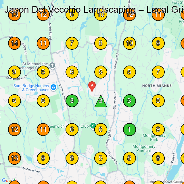 Jason Del Vecchio Landscaping GeoGrid ranking map for Landscaper in Stamford