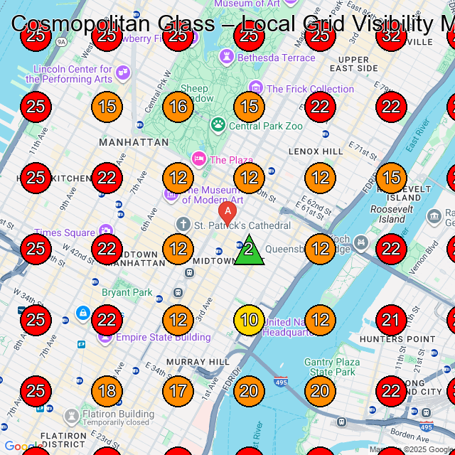 Cosmopolitan Glass GeoGrid visibility map for Manufacturer in New York