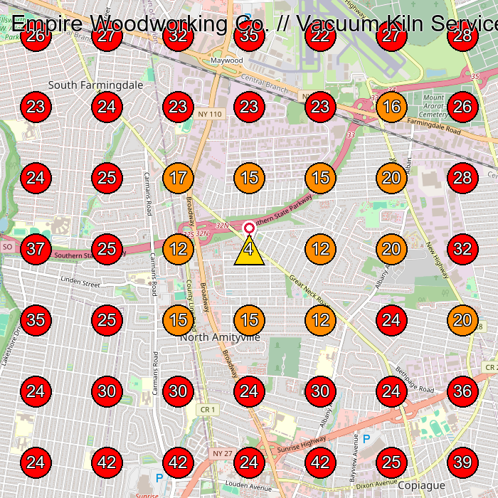 Empire Woodworking Co. // Vacuum Kiln Services GeoGrid visibility map for Piano Repair Service in Deer Park