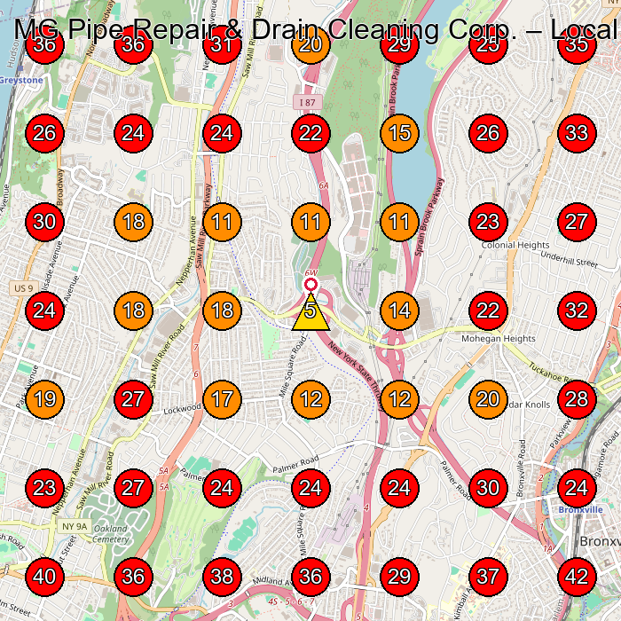MG Pipe Repair & Drain Cleaning Corp. GeoGrid visibility map for Plumber in Yonkers