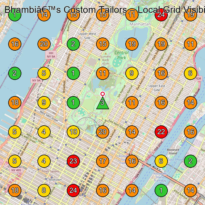Bhambi's Custom Tailors Tailor GeoGrid ranking map for New York NY