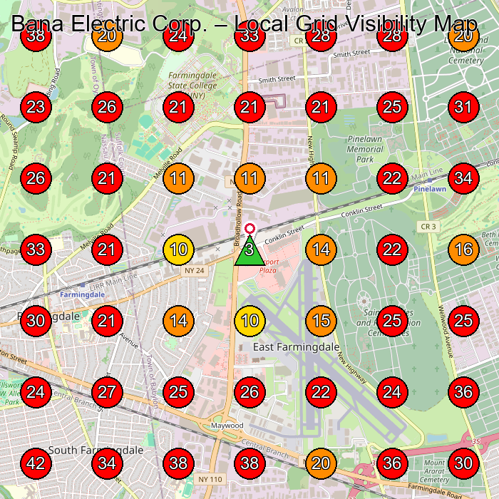 Bana Electric Corp. GeoGrid visibility map for Fireplace Manufacturer in Farmingdale