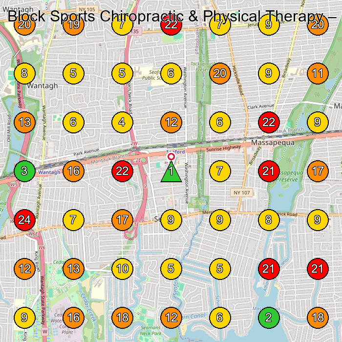Block Sports Chiropractic & Physical Therapy Chiropractor GeoGrid ranking map for Massapequa NY