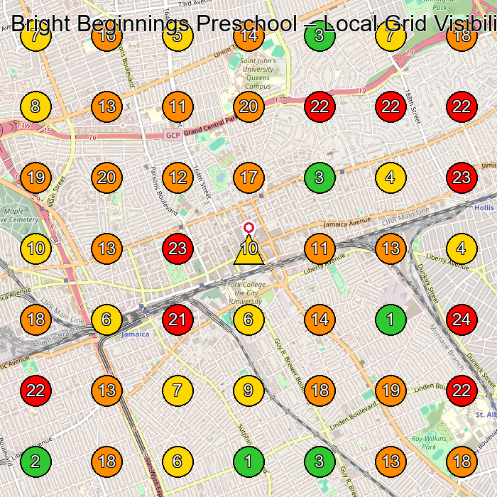 Bright Beginnings Preschool Preschool GeoGrid ranking map for Jamaica NY