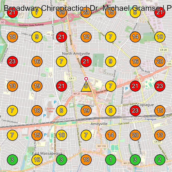 Broadway Chiropractic | Dr. Michael Gramse | Physical Therapy & Chiropractic Chiropractor GeoGrid ranking map for Amityville NY