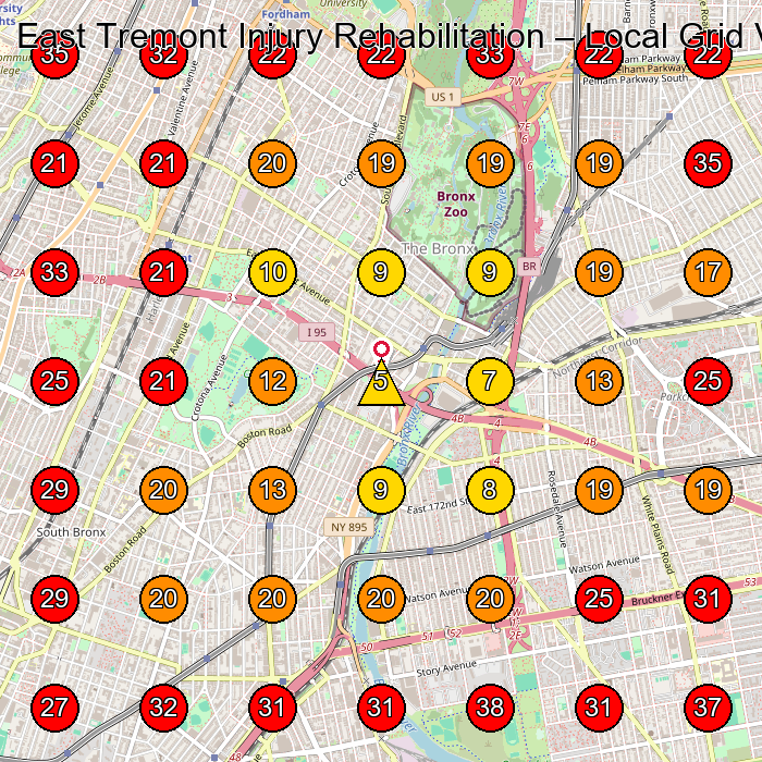 East Tremont Injury Rehabilitation GeoGrid visibility map for Physical Therapy Clinic in Bronx