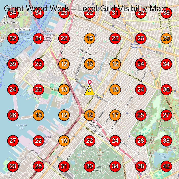 Giant Wood Work GeoGrid visibility map for Woodworker in Brooklyn