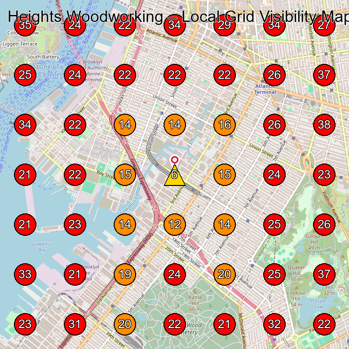 Heights Woodworking GeoGrid visibility map for Woodworker in Brooklyn