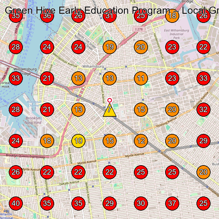 Green Hive Early Education Program GeoGrid visibility map for Day Care Center in Brooklyn