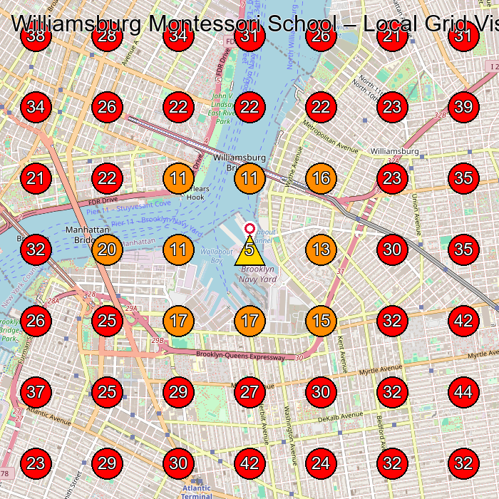 Williamsburg Montessori School GeoGrid visibility map for Day Care Center in Brooklyn