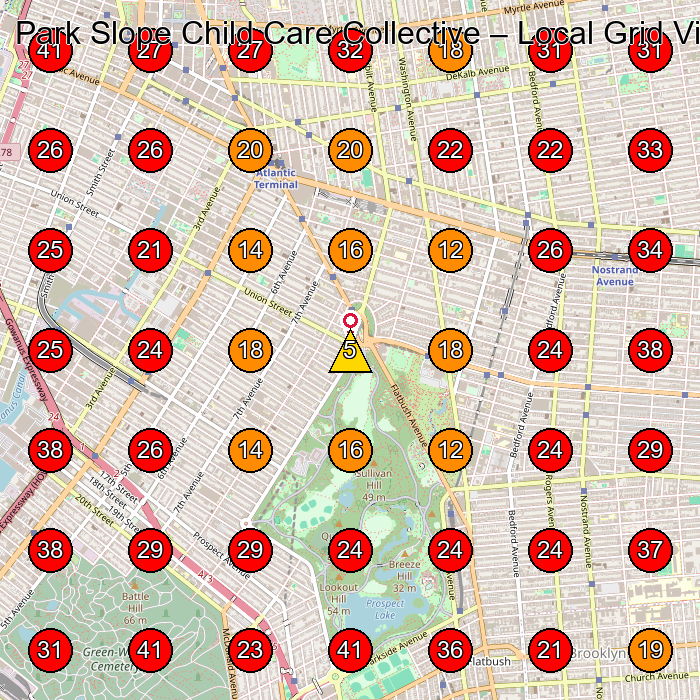 Park Slope Child Care Collective GeoGrid visibility map for Day Care Center in Brooklyn