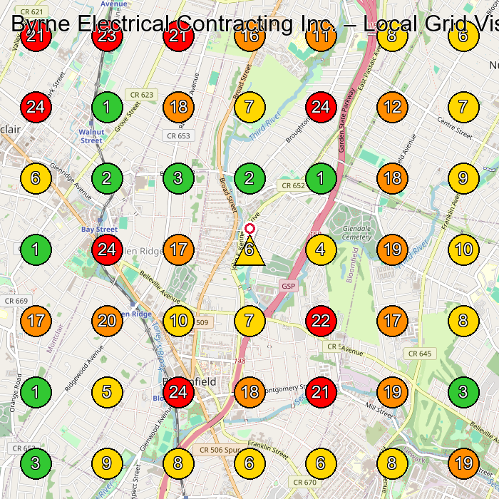 Byrne Electrical Contracting Inc. Electrician GeoGrid ranking map for Bloomfield NJ
