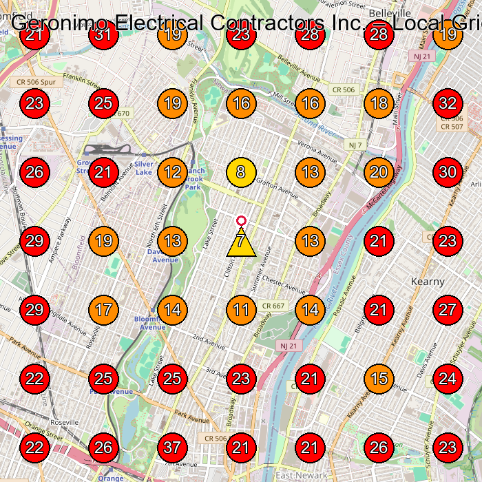 Geronimo Electrical Contractors Inc. GeoGrid visibility map for Electrician in Bloomfield