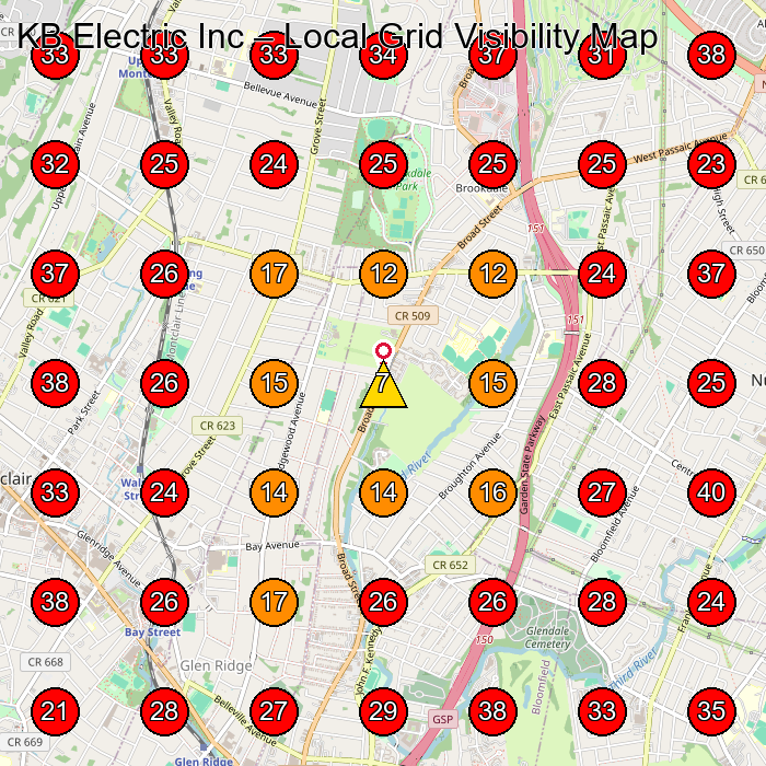 KB Electric Inc GeoGrid visibility map for Electrician in Bloomfield