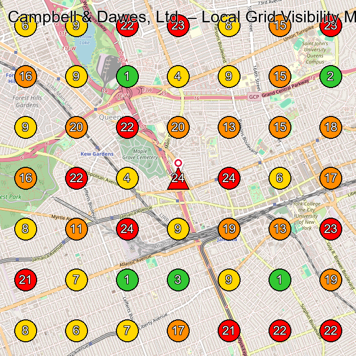 Campbell & Dawes, Ltd. Electrician GeoGrid ranking map for Kew Gardens NY