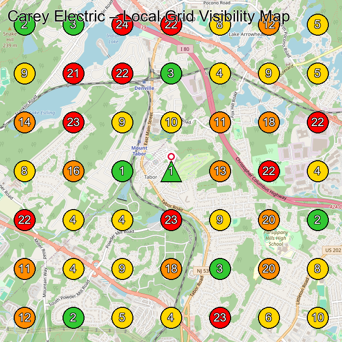 Carey Electric Electrician GeoGrid ranking map for Denville NJ