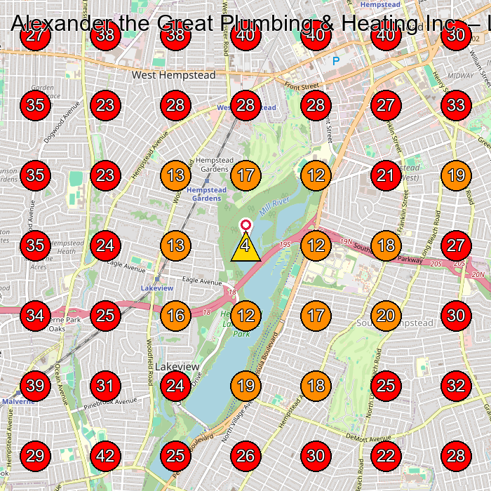 Alexander the Great Plumbing & Heating Inc. GeoGrid visibility map for Plumber in Malverne
