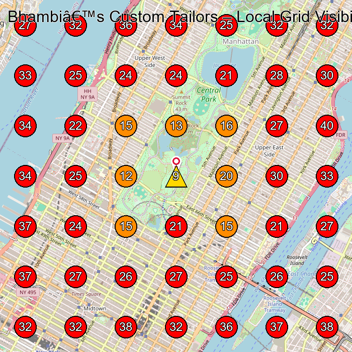 Bhambiâ€™s Custom Tailors GeoGrid visibility map for Tailor in New York