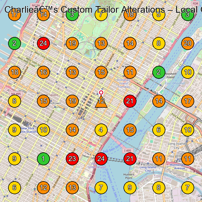 Charlie's Custom Tailor Alterations Tailor GeoGrid ranking map for New York NY