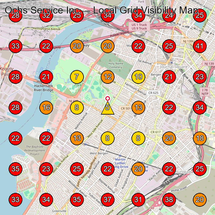 Ochs Service Inc. GeoGrid visibility map for Electrician in Jersey City
