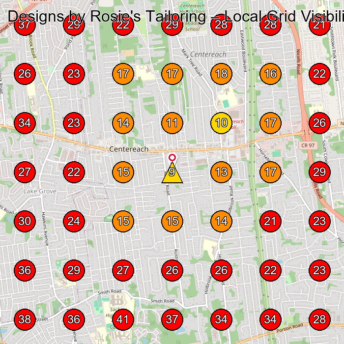Designs by Rosie's Tailoring GeoGrid visibility map for Dry Cleaner in Rocky Point