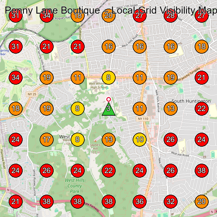 Penny Lane Boutique GeoGrid visibility map for Boutique in Oyster Bay