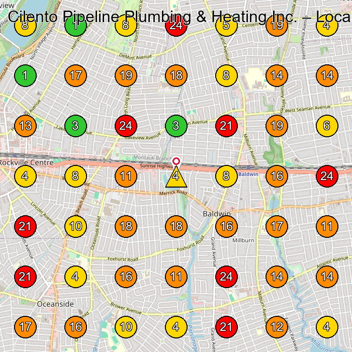 Cilento Pipeline Plumbing & Heating Inc. Plumber GeoGrid ranking map for Oceanside NY