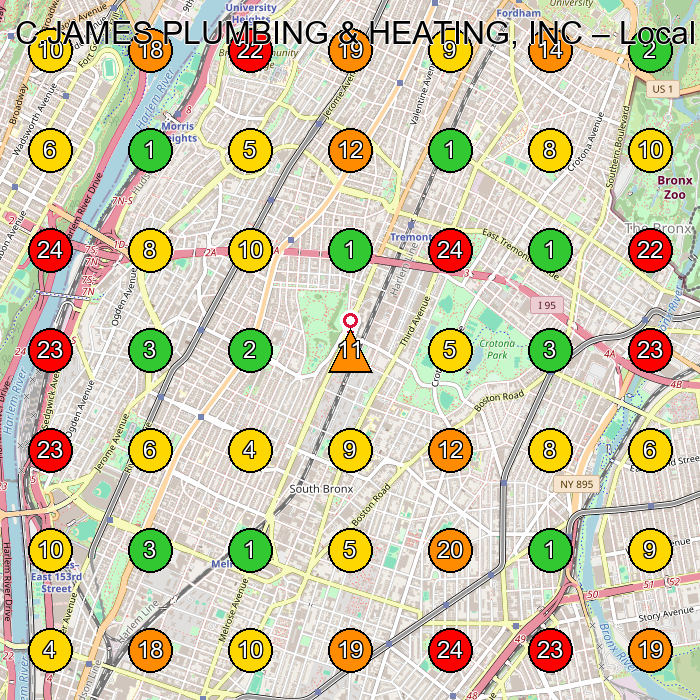 C.JAMES PLUMBING & HEATING, INC Plumber GeoGrid ranking map for Bronx NY