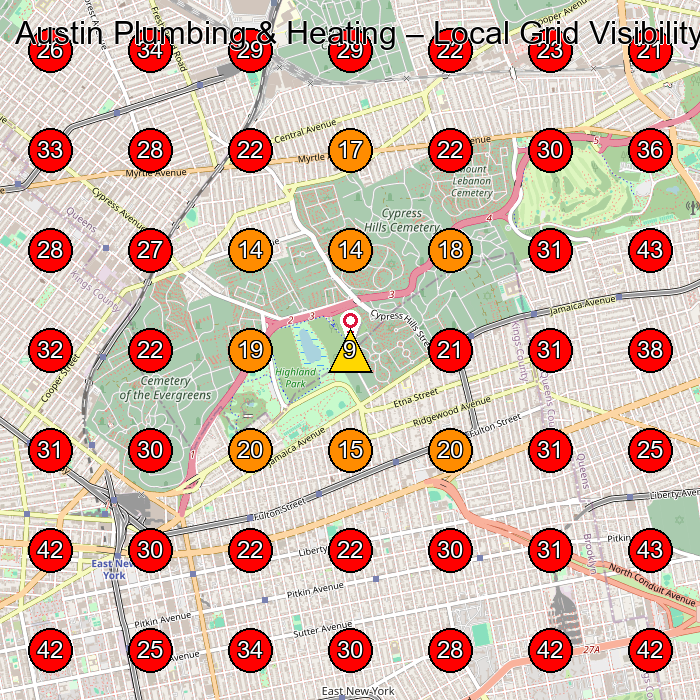 Austin Plumbing & Heating GeoGrid visibility map for Heating Contractor in Jamaica