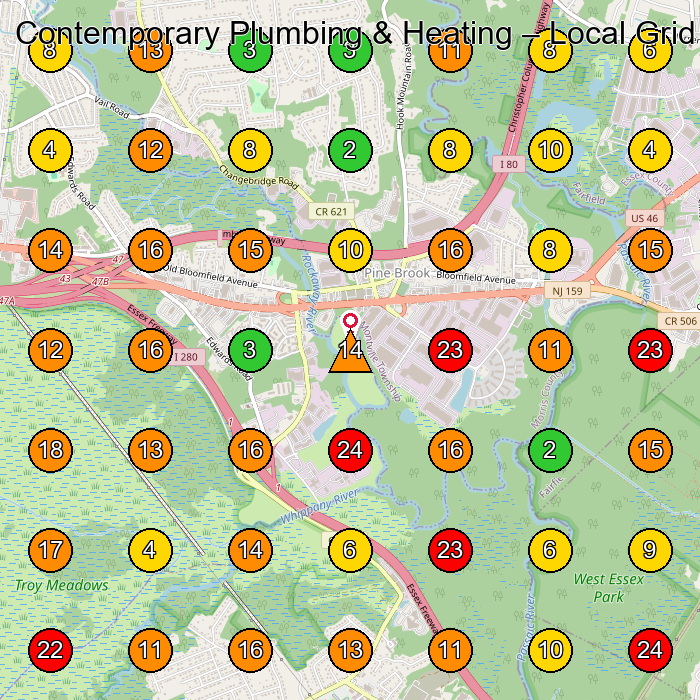 Contemporary Plumbing & Heating Plumber GeoGrid ranking map for Pine Brook NJ