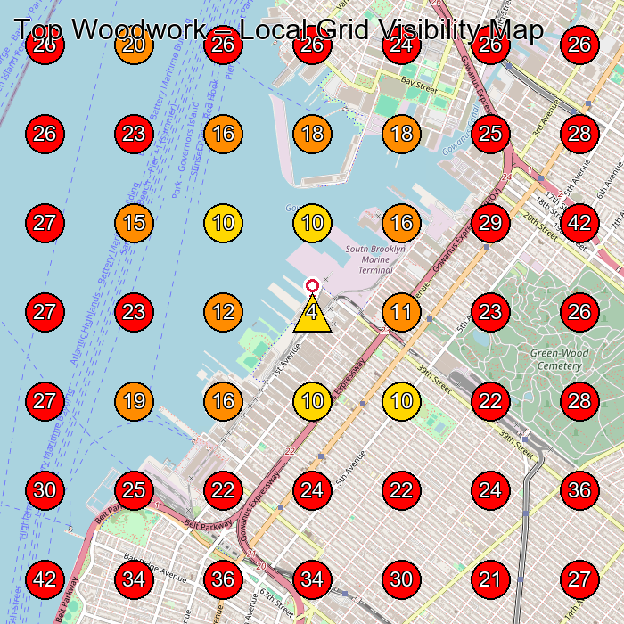 Top Woodwork GeoGrid visibility map for Carpenter in Brooklyn