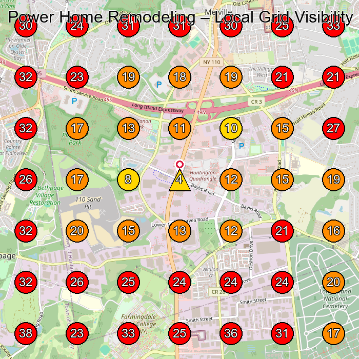 Power Home Remodeling GeoGrid visibility map for Roofing Contractor in Melville