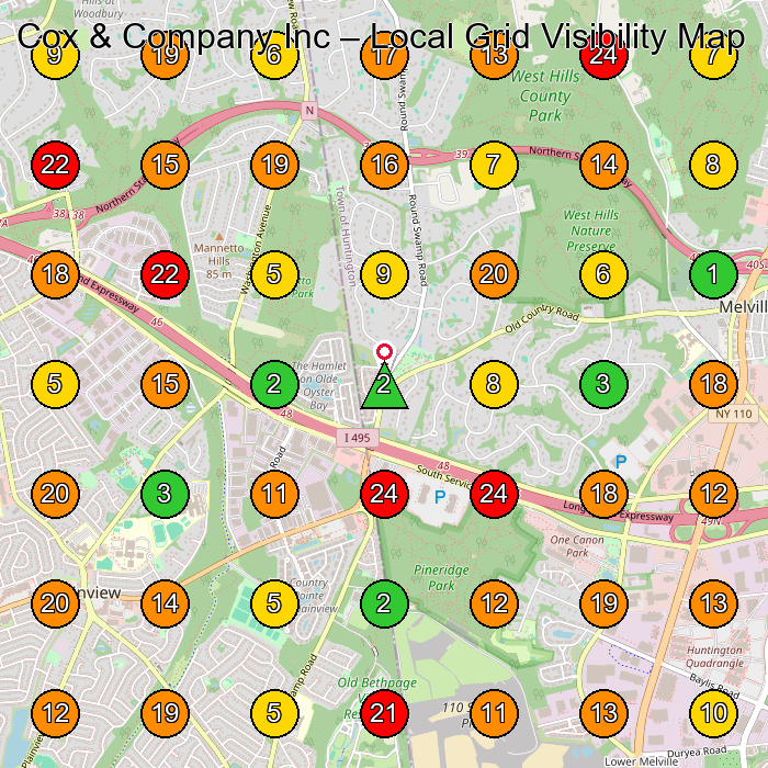 Cox & Company Inc Manufacturer GeoGrid ranking map for Plainview NY