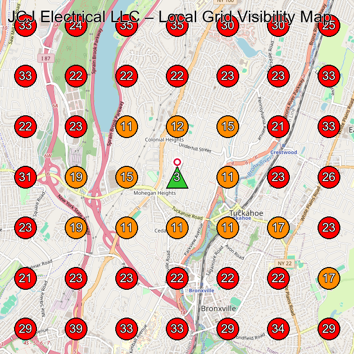JCJ Electrical LLC GeoGrid visibility map for Electrician in Tuckahoe