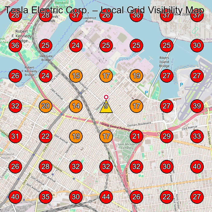Tesla Electric Corp. GeoGrid visibility map for Electrician in Queens