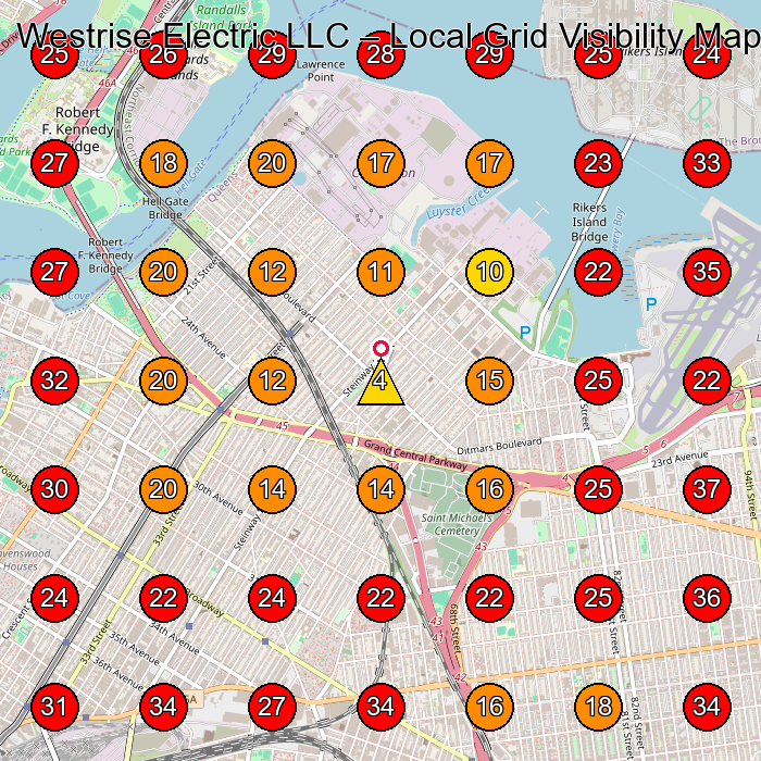 Westrise Electric LLC GeoGrid visibility map for Electrician in Queens