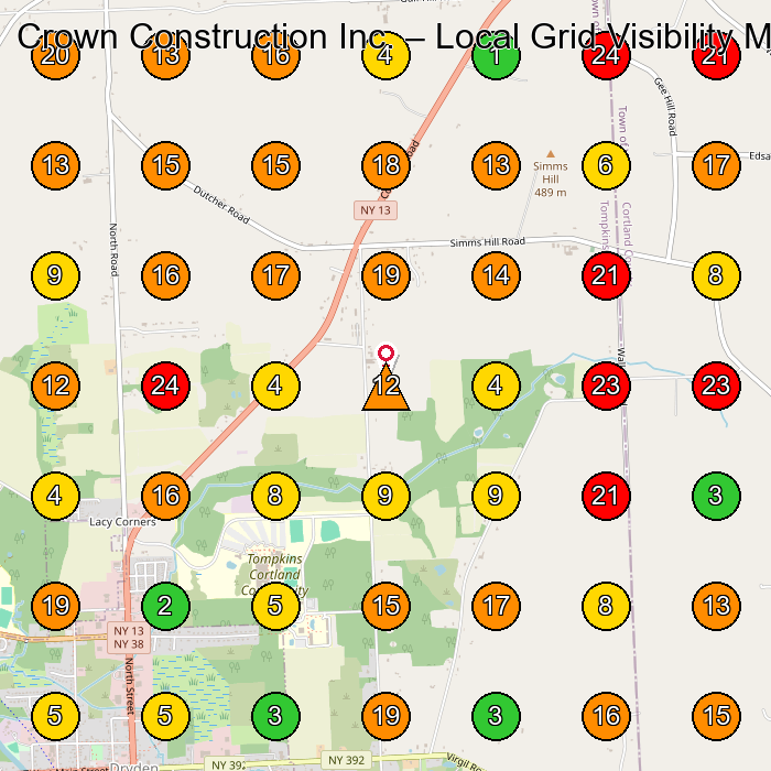 Crown Construction Inc. Contractor GeoGrid ranking map for Dryden NY