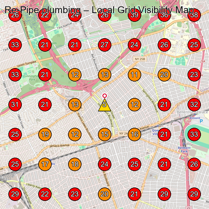 Re-Pipe plumbing GeoGrid visibility map for Plumber in Queens Village